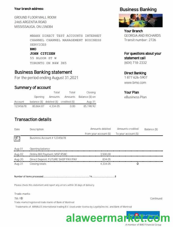 USA BMO Bank of Montreal bank proof of address statement template in Excel and PDF format